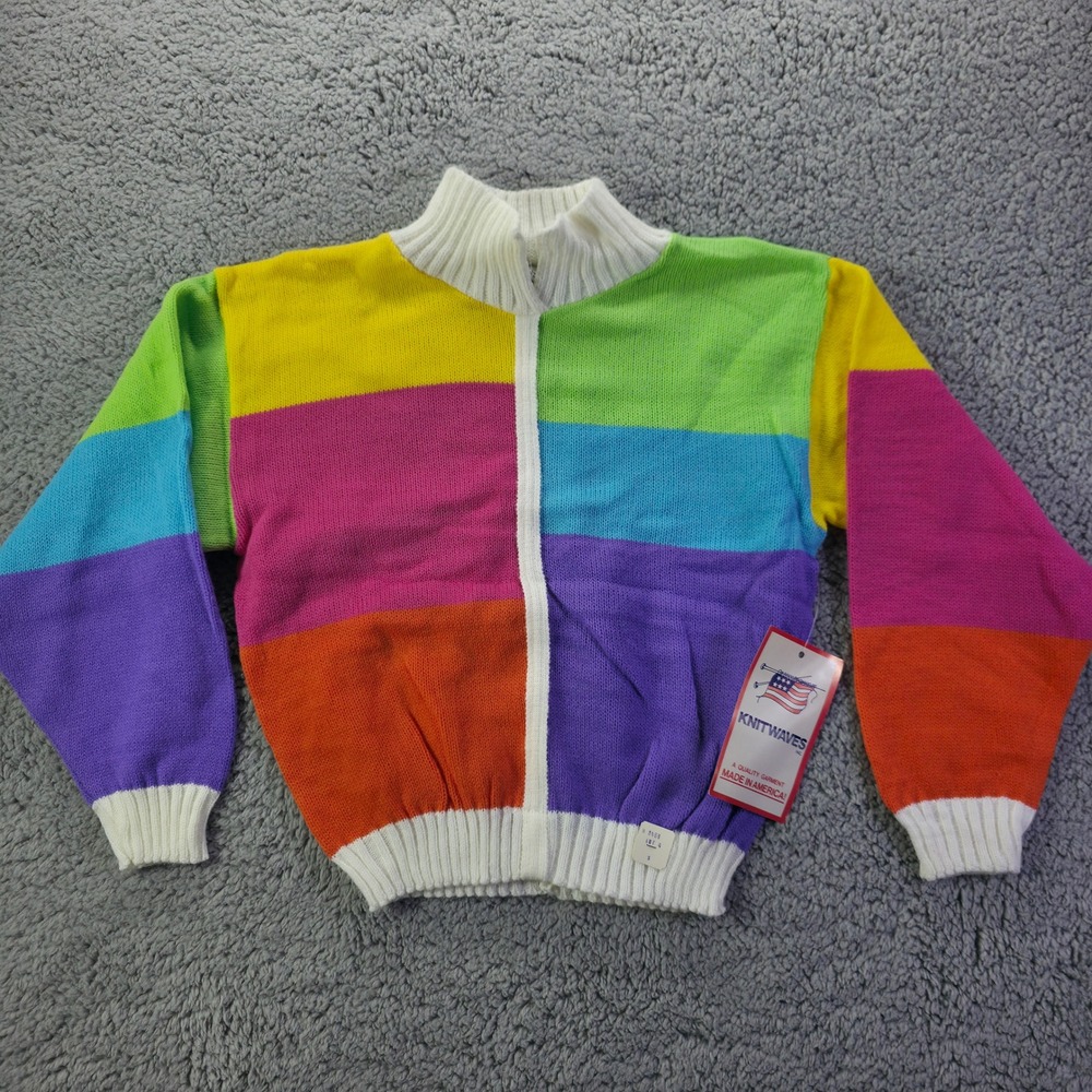 Vintage Knitwaves Colorblock Sweater Kids Small Orlon Acrylic Mock Neck USA NWT